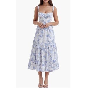 HOUSE OF CB Elia Floral Stretch Cotton Blend Corset Sundress Blue Print Flower